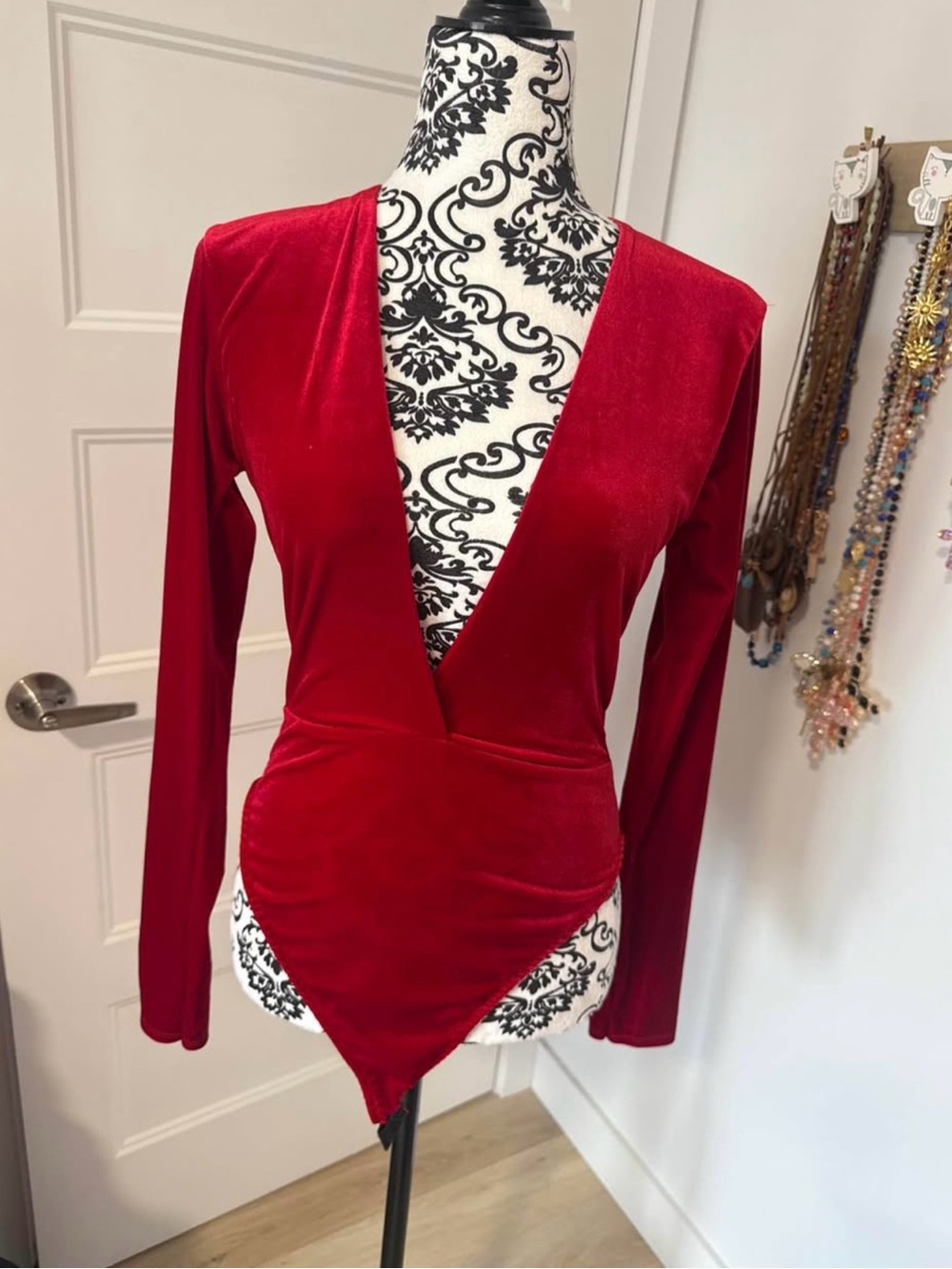Red Velvet Long-Sleeve Deep V Bodysuit